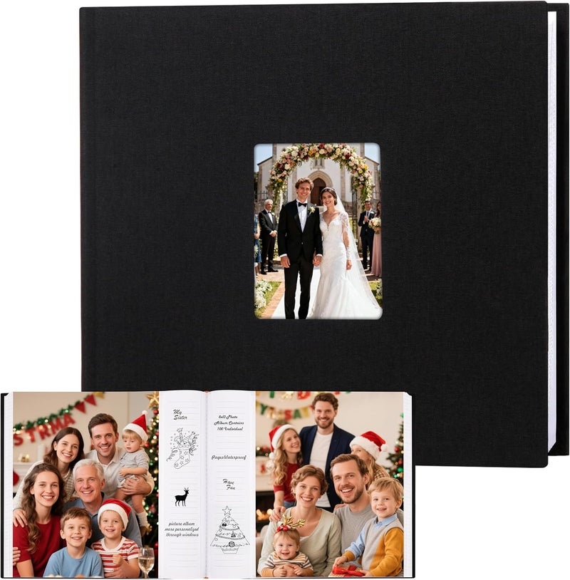 Aevdor Photo Album 8x10 100 Photos, 100 Pockets Picture Album, Linen Fabric Cover Picture Book for Photos with Writing Space, 8x10 Photo Album Book for Wedding Travel Family Memories (Black) - Image 1
